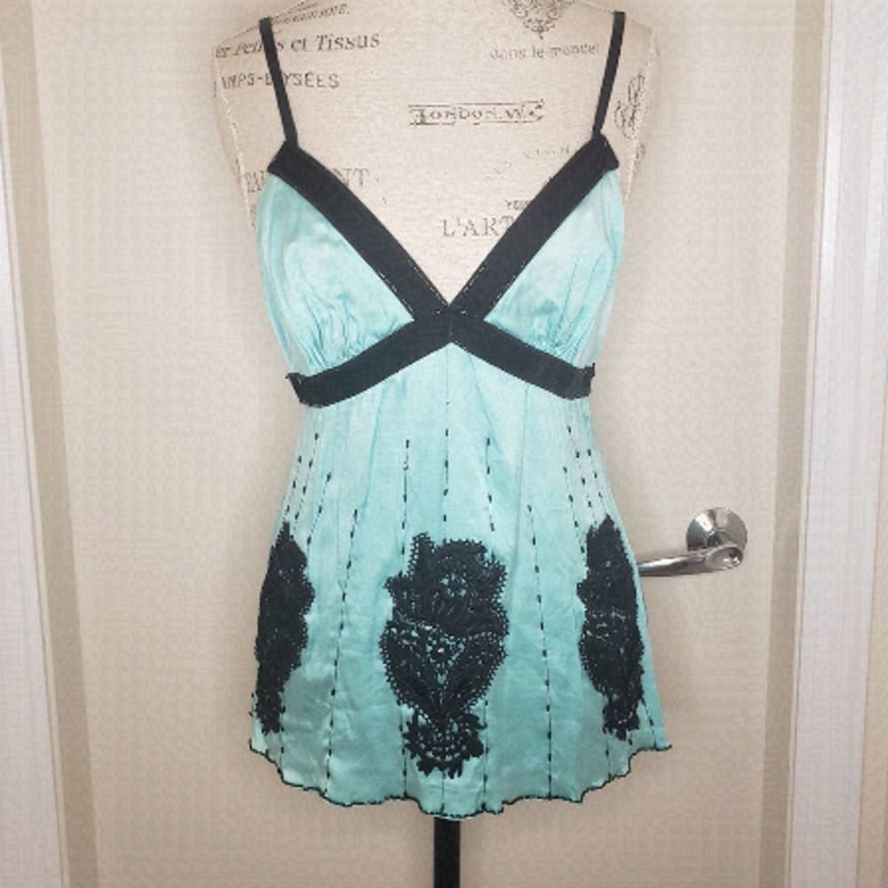 Blue Silk Lace Velvet Beaded Camisole